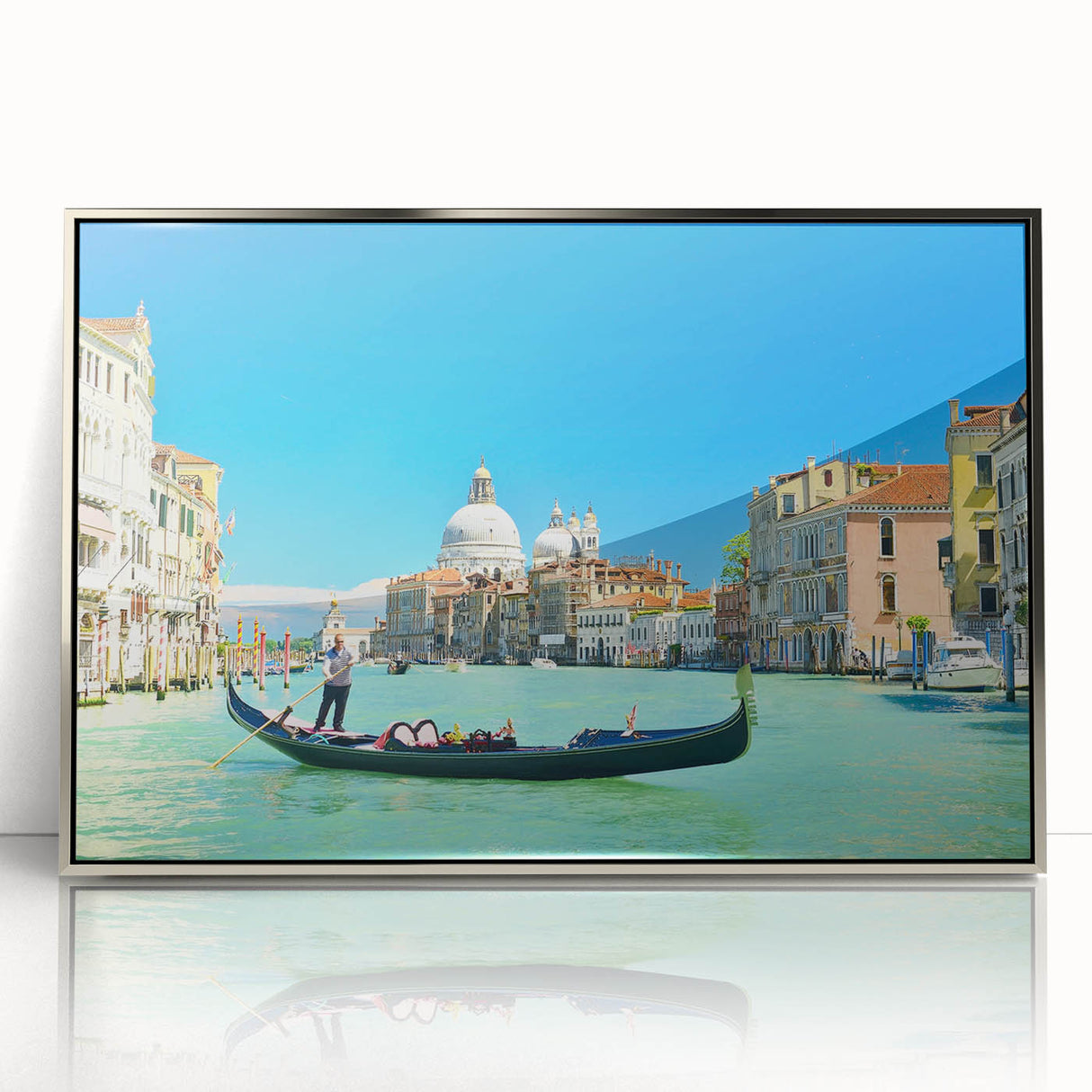 Framed acrylic print of Venice scenery in muted blue and grey tones, ideal for modern art wall decor.