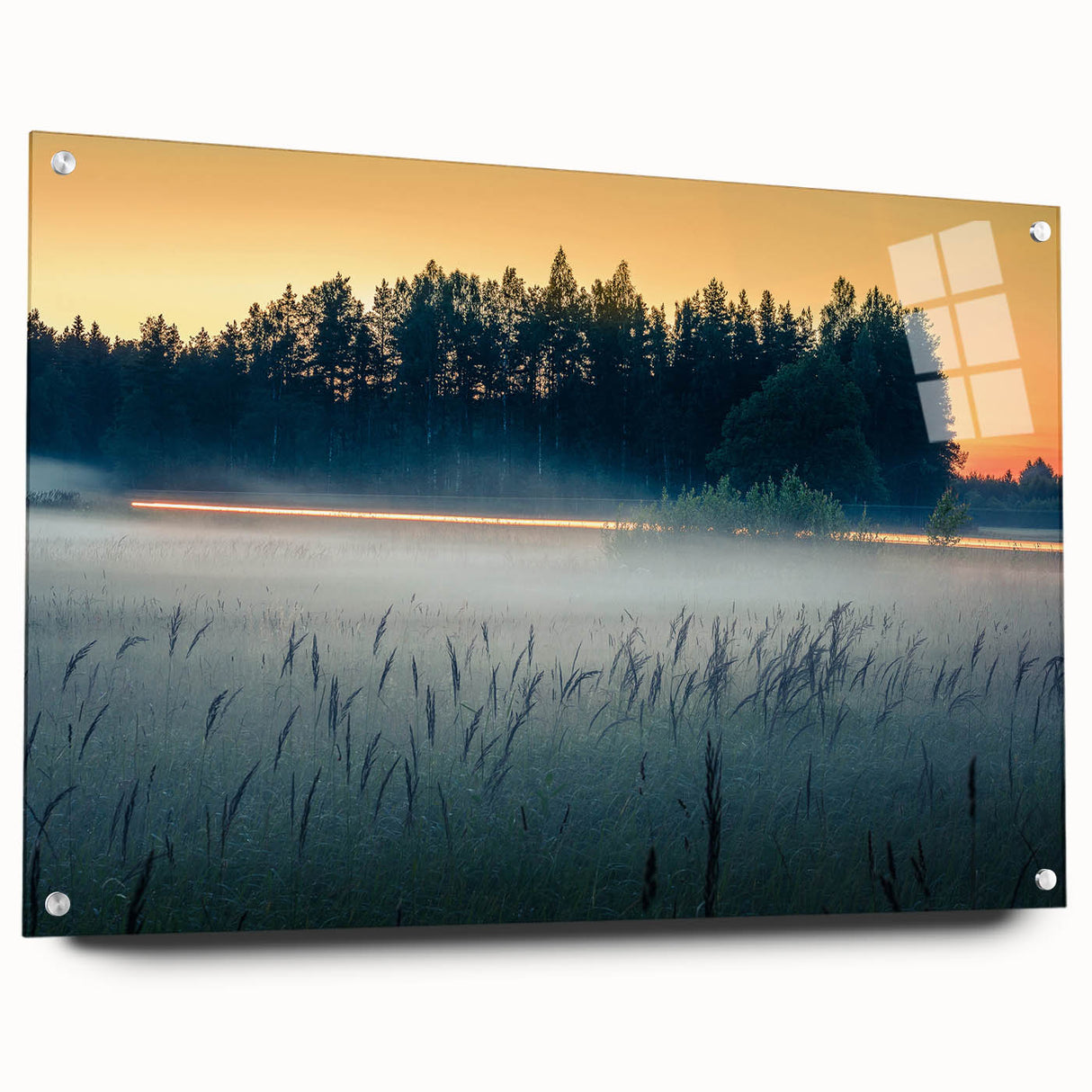 Acrylic glass print of a European scenery, featuring muted blue and green tones, ideal for dining room decor.