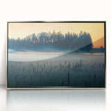 Large acrylic print of a European landscape in Latvia, with silver frame, in a mid-century modernist style.