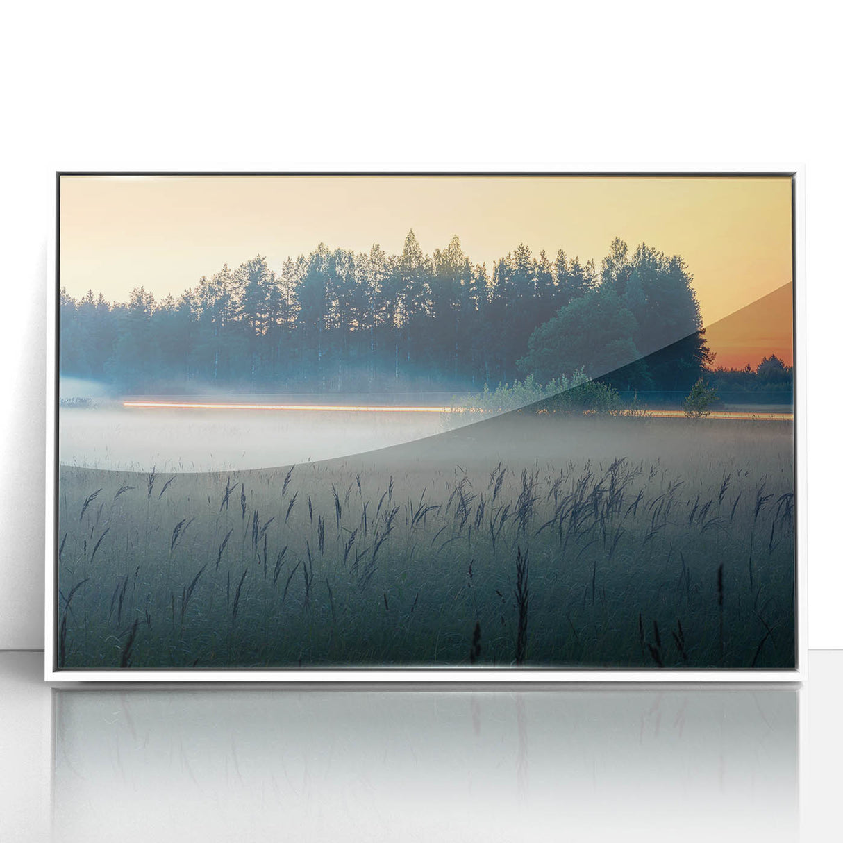 Mid-century modernist art depicting a scenic Latvian landscape in muted earth tones, framed acrylic.
