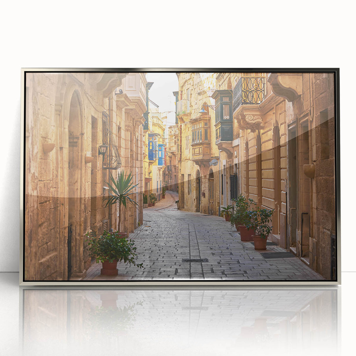Large art print of a Malta landscape in muted earth tones on a framed acrylic, ideal for modern art wall decor.