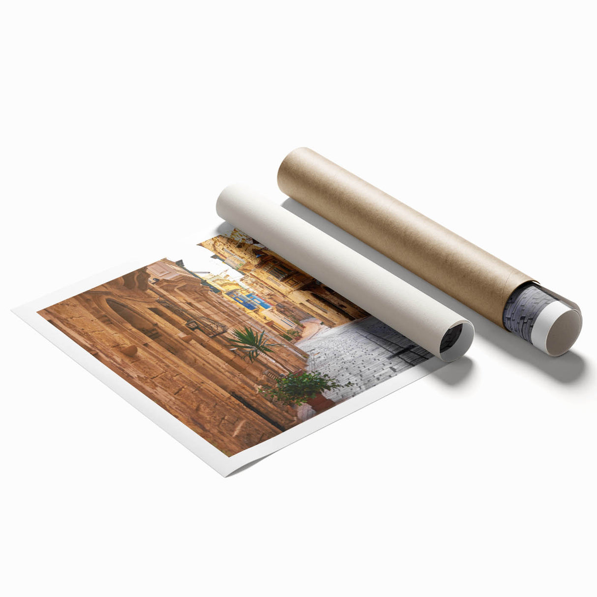 Extra large rolled print of a Maltese landscape with vibrant floral elements, ideal for classy bathroom wall art.