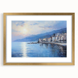 Abstract art print of the Mediterranean Sea in soft blue and white tones, framed in gold.