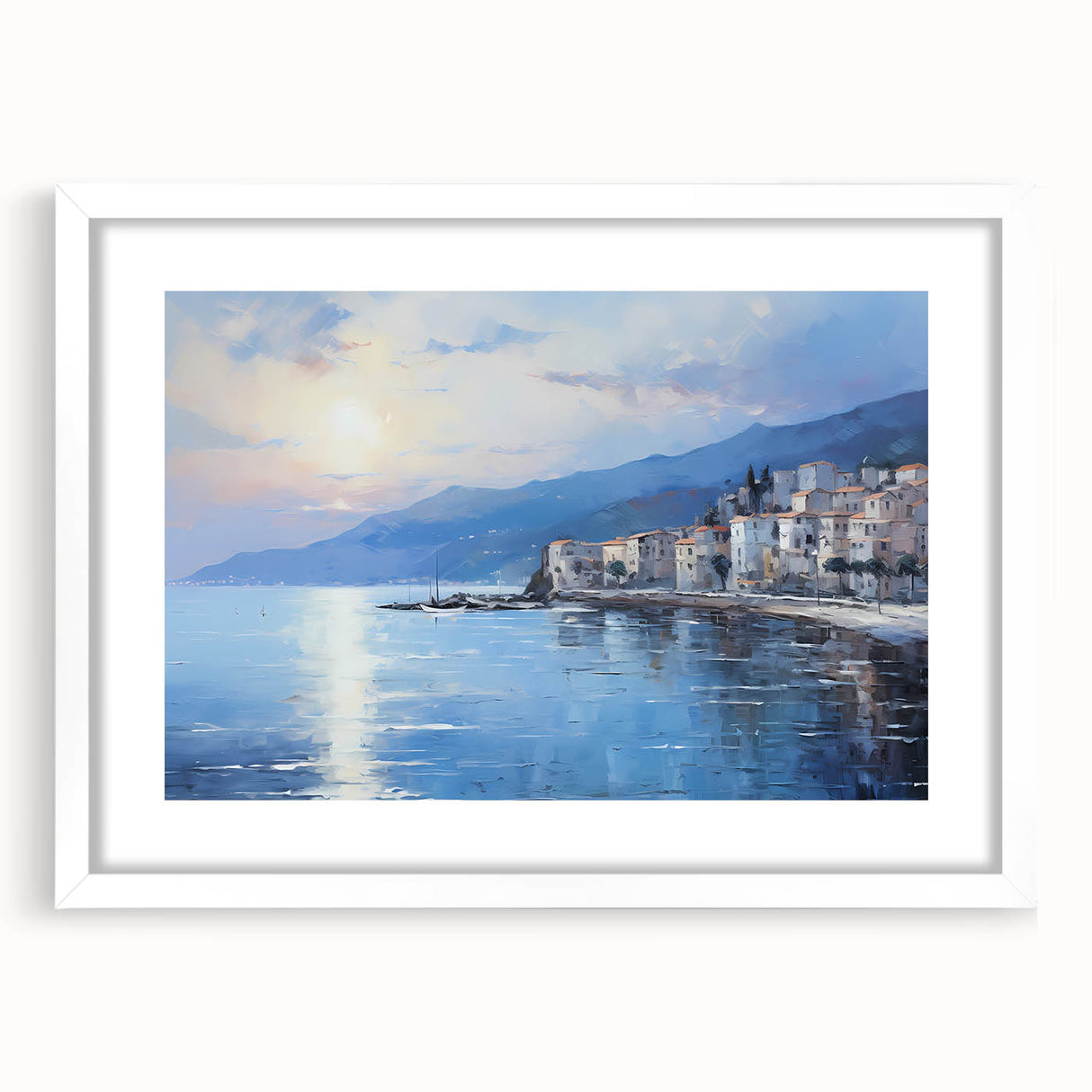 Textured art print of the Mediterranean Sea in abstract style with muted blue and white tones, framed in white.