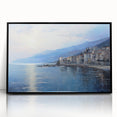 Large abstract wall art of the Mediterranean Sea in muted blue and green tones on a framed acrylic.