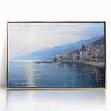 Framed acrylic print of a Mediterranean seaside scene in muted blues and greens, suitable for modern art wall decor.