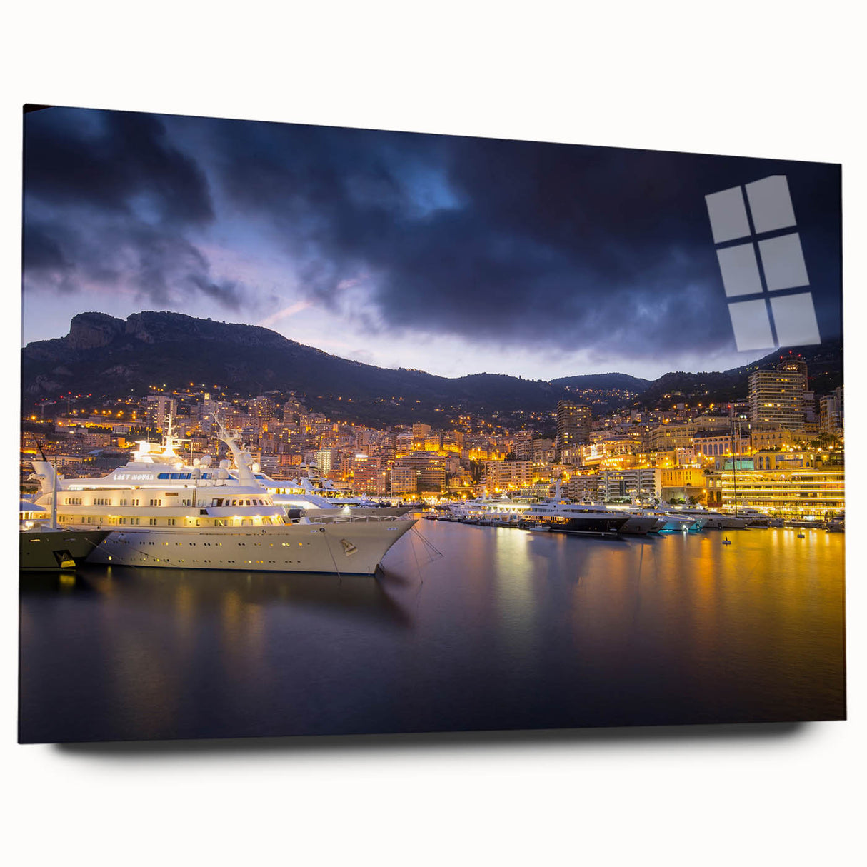 Large abstract acrylic print of Monaco scenery in serene blue and gray tones, ideal for bedroom or dining room decor.