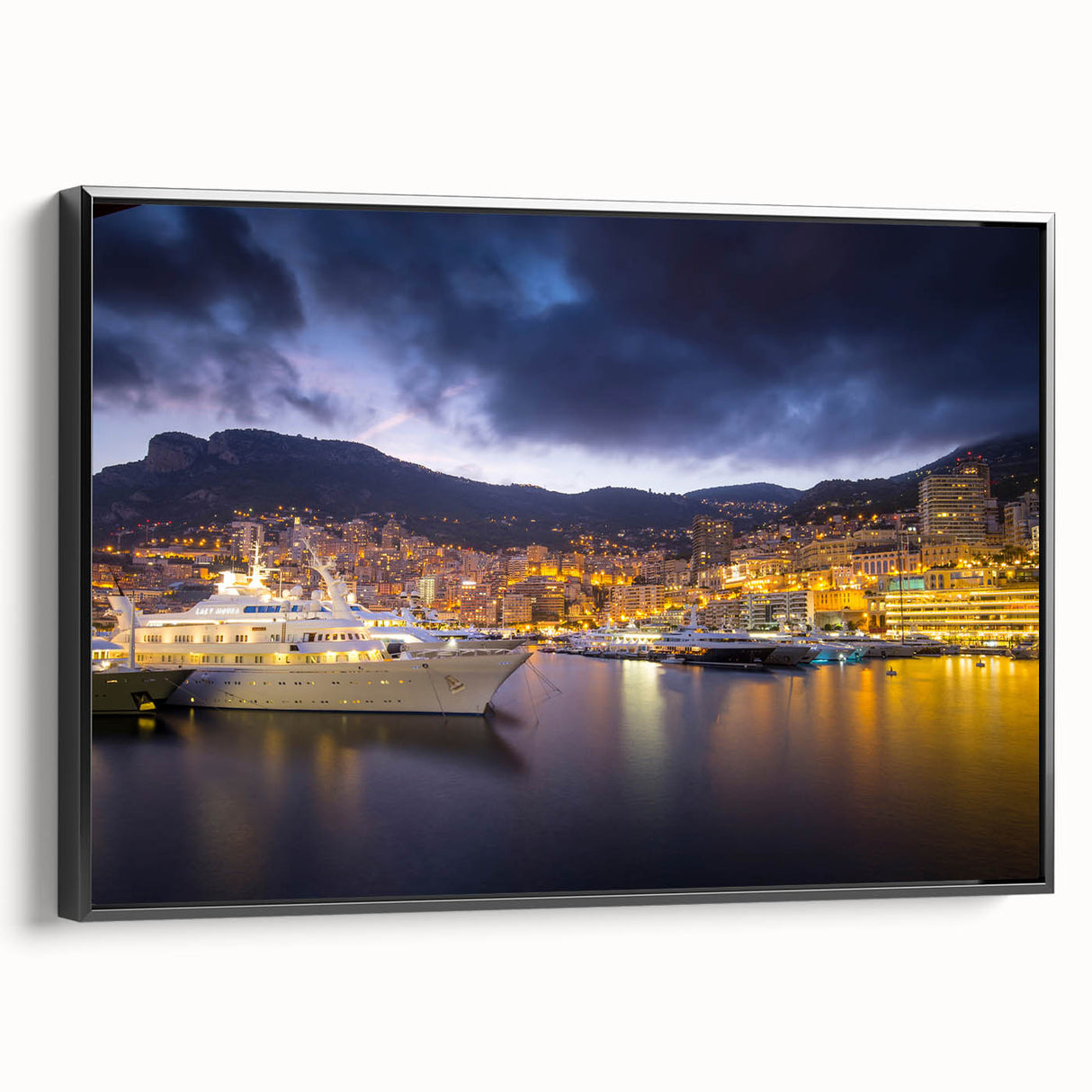 Black and white framed canvas of a vintage Monaco landscape, ideal for bedroom wall art.