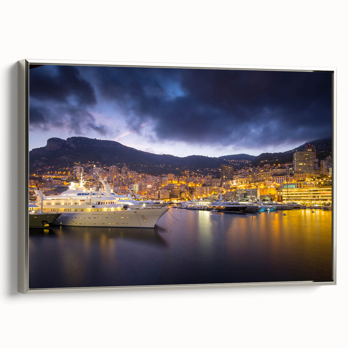Framed canvas of vintage-style landscape art depicting colorful Monaco scenery, ideal for living room decor.
