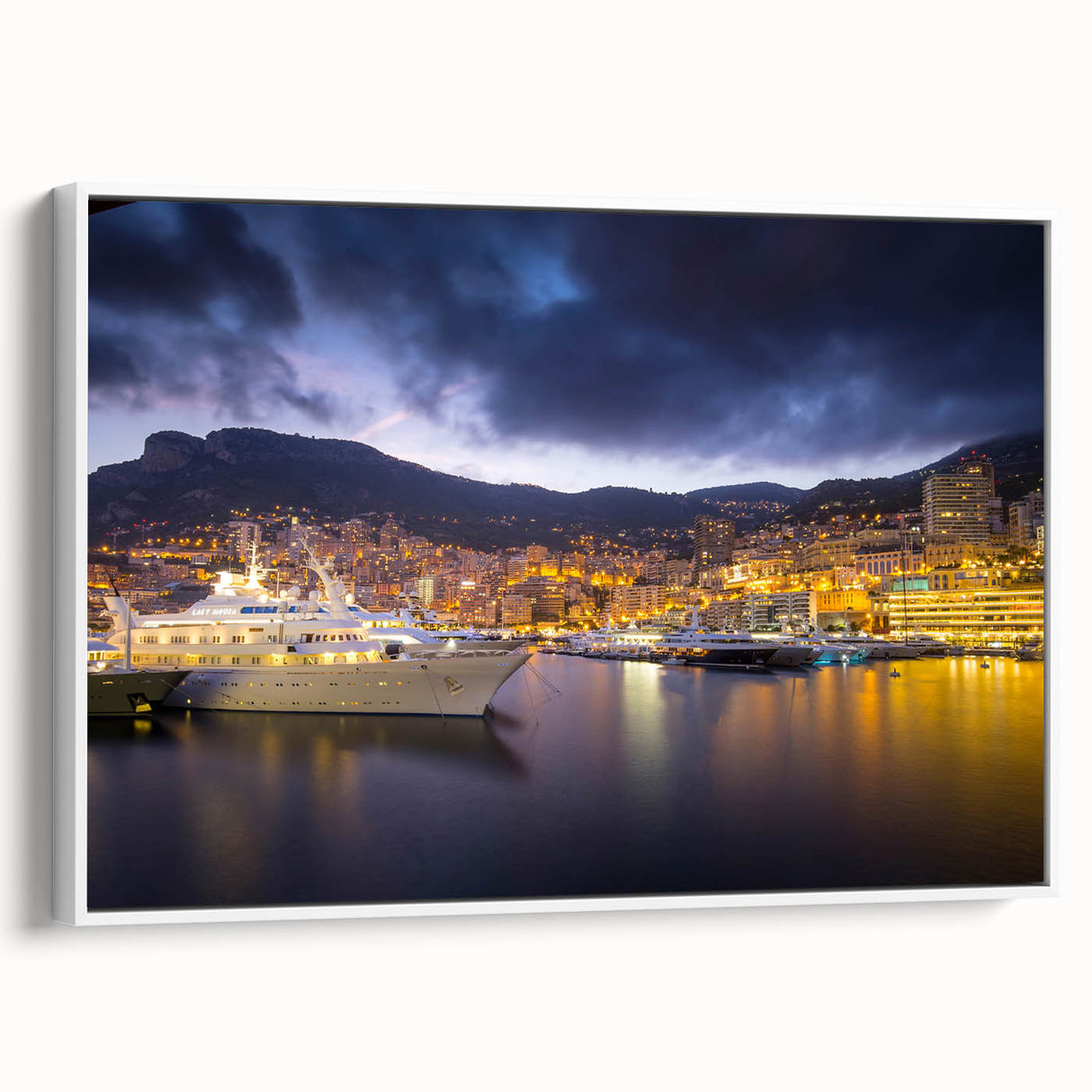 Vintage poster art of Monaco scenery in vibrant colors on a framed canvas, suitable for large living room walls.