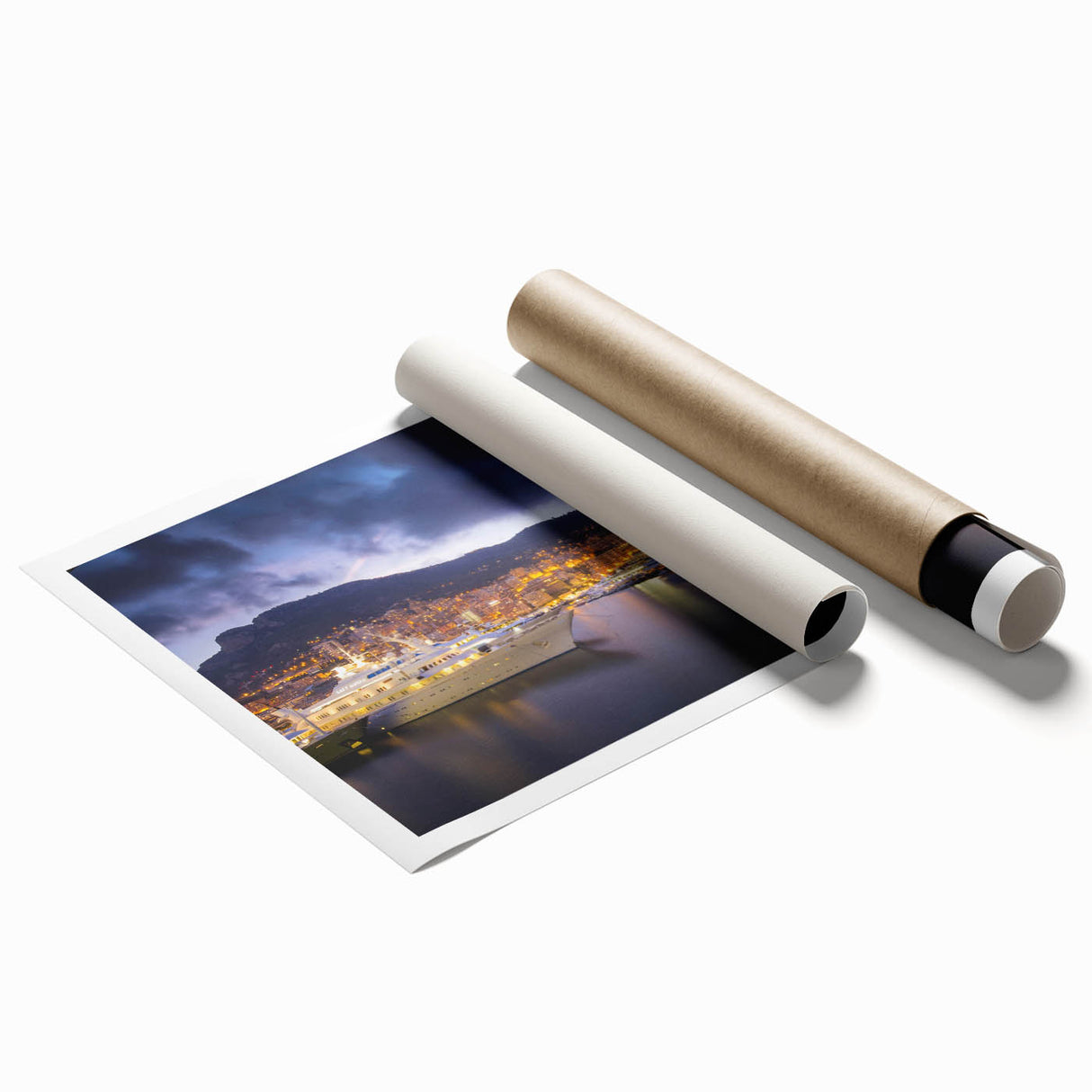 Extra large rolled print of a scenic Monaco landscape with vibrant floral elements, ideal for classy bathroom wall art.