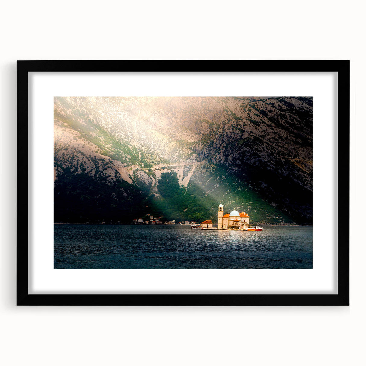 Extra large abstract art print of a colorful European scenery in Montenegro on a textured canvas, framed in black.