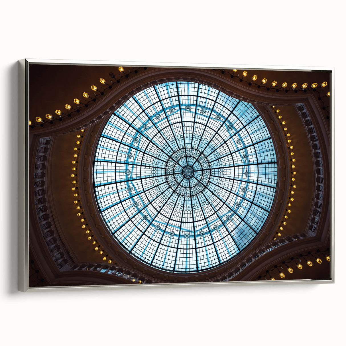 Framed canvas landscape art painting of Amsterdam with colorful buildings and black sky, in vintage poster style.