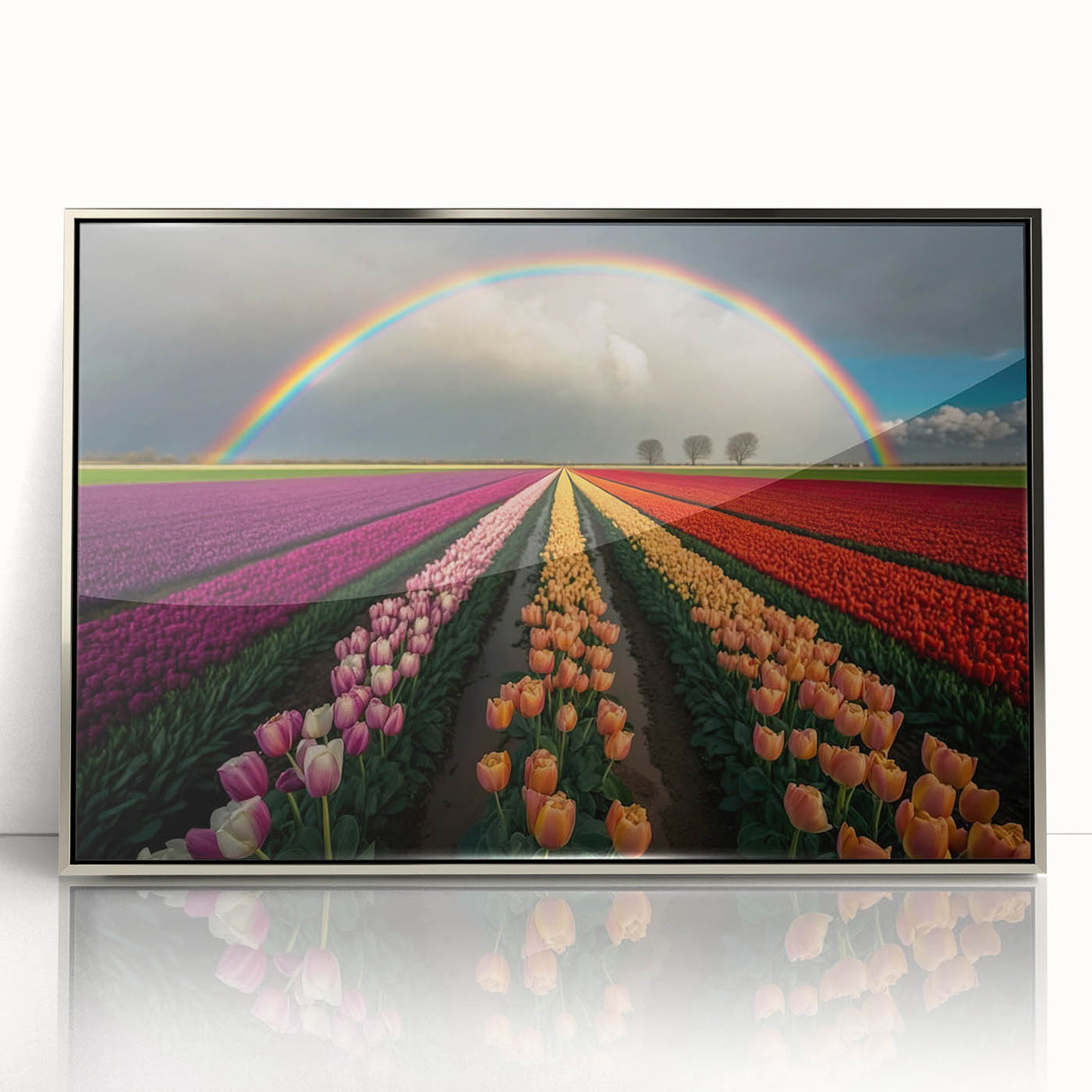 Large art print of a European scenery in muted earth tones on a silver-framed acrylic, suitable for modern art wall decor.