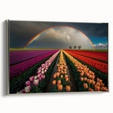 Framed canvas featuring a vintage-style landscape painting of a Dutch scenery in muted colors.
