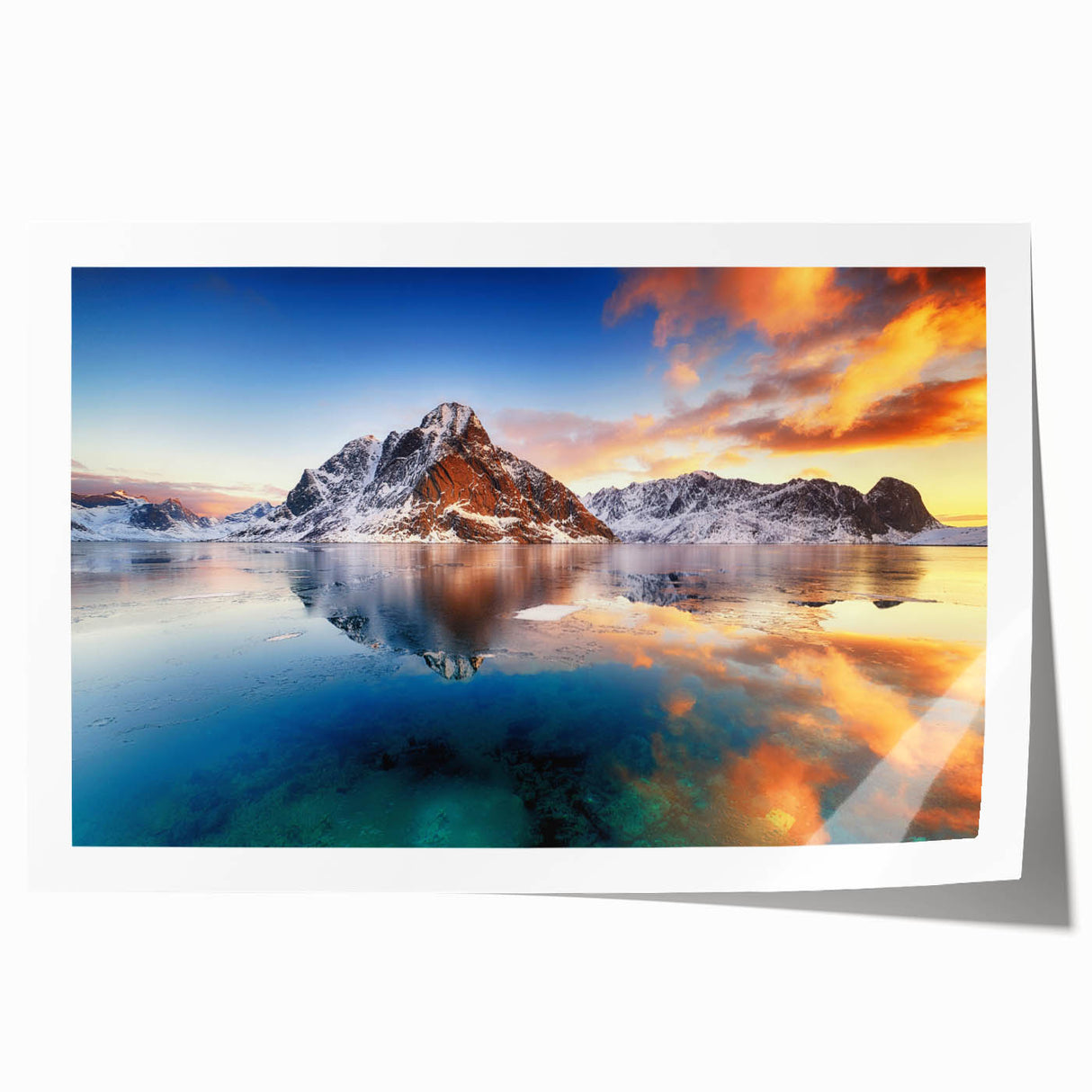 Extra large rolled print of a Norwegian landscape with vibrant green and blue tones, ideal for art wall dining room.