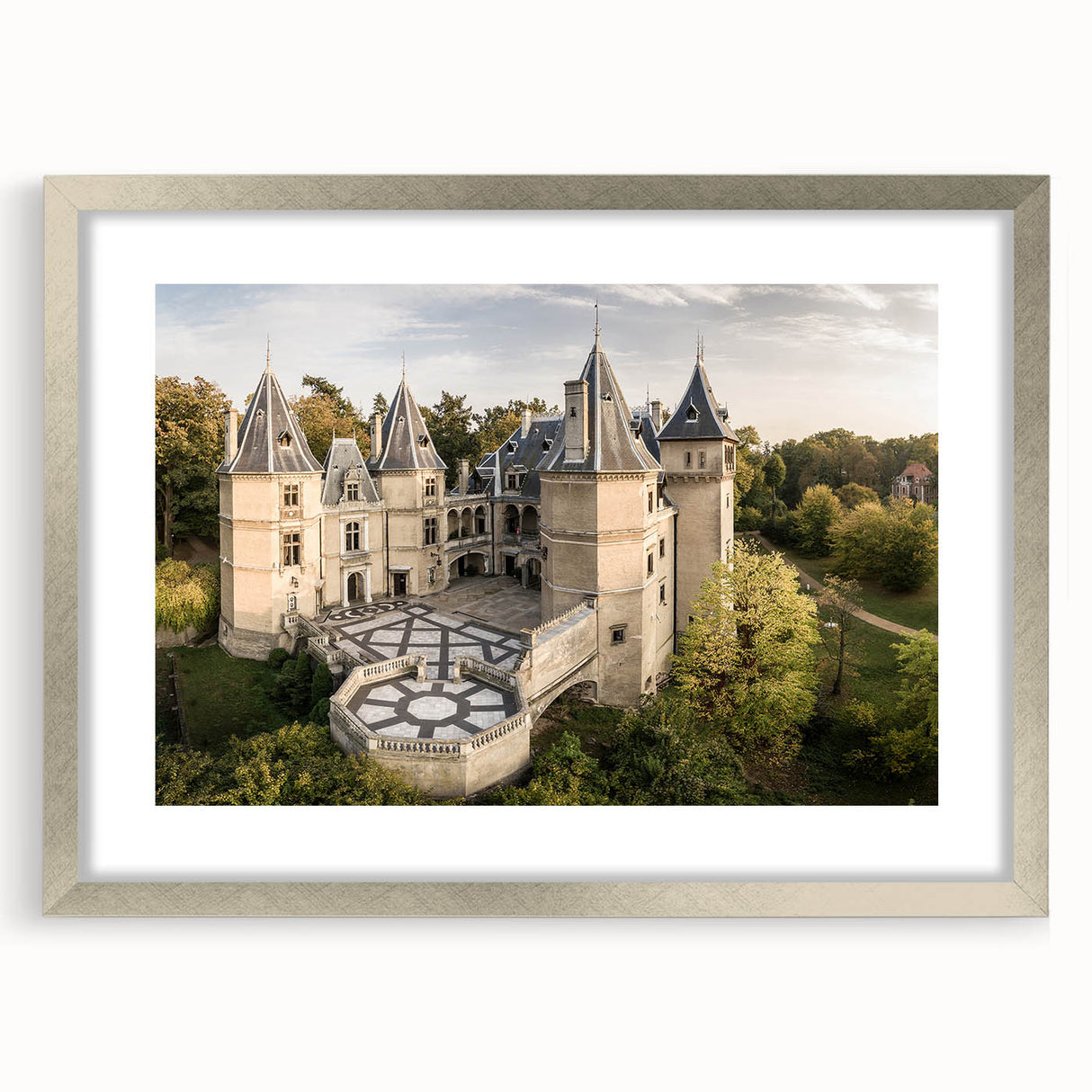 Extra large abstract art print of a European scenery in silver frame, with textured details, ideal for living room decor.