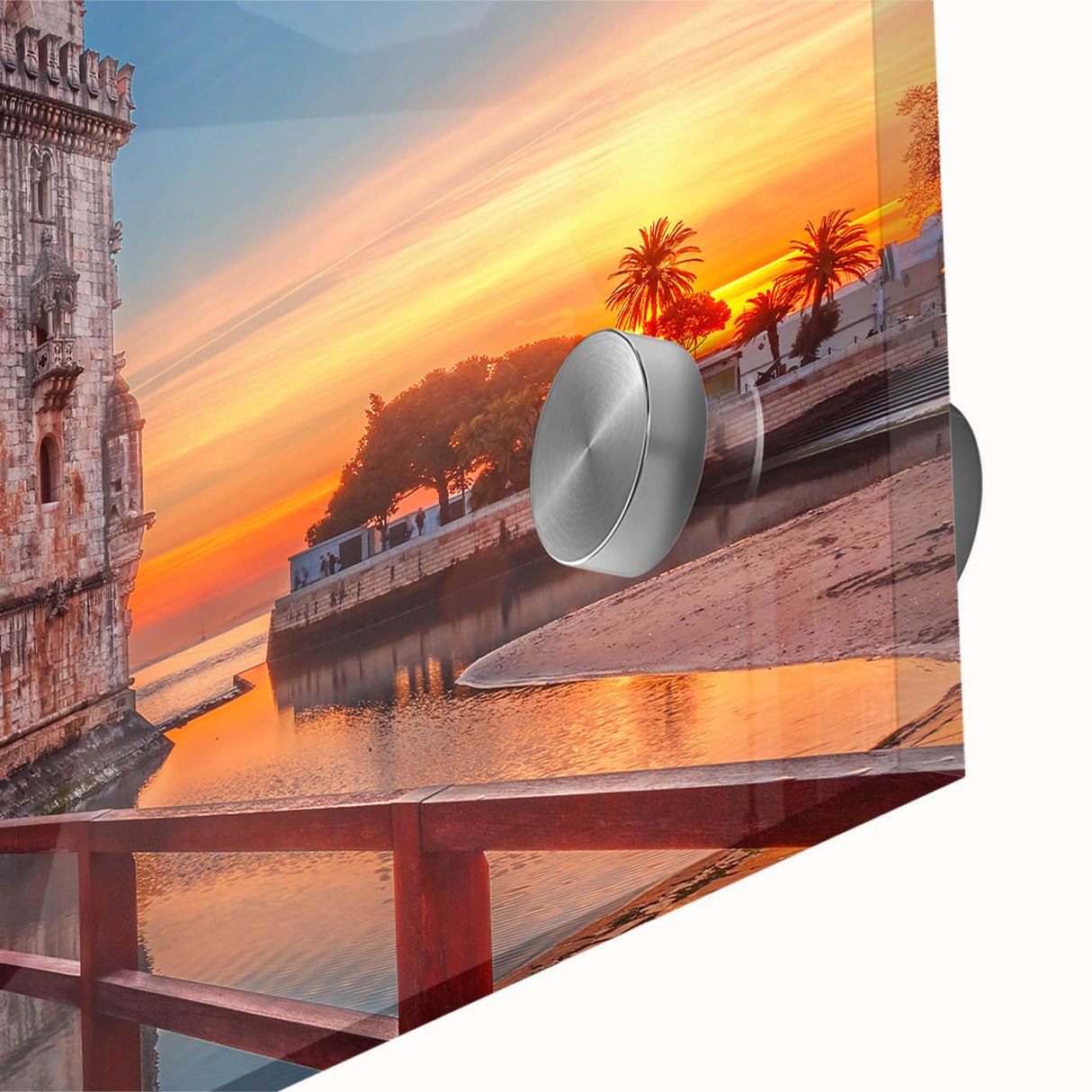 Large abstract wall art print of Lisbon scenery in mid-century modernist style on acrylic glass.