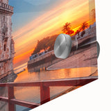 Large abstract wall art print of Lisbon scenery in mid-century modernist style on acrylic glass.