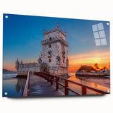Acrylic print of Lisbon scenery with soft blue and white tones, ideal for dining room decor.