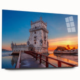 Large abstract wall art of Lisbon scenery in muted blue and orange tones on acrylic glass.
