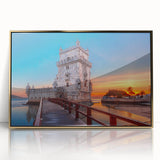 Art Deco poster of Lisbon scenery with gold frame, acrylic print, ideal for modern art wall decor.