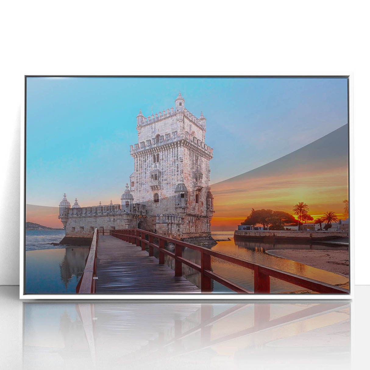 Mid-century modernist art of Lisbon's skyline in pastel shades on a white framed acrylic print.
