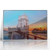Mid-century modernist art of Lisbon's skyline in pastel shades on a white framed acrylic print.