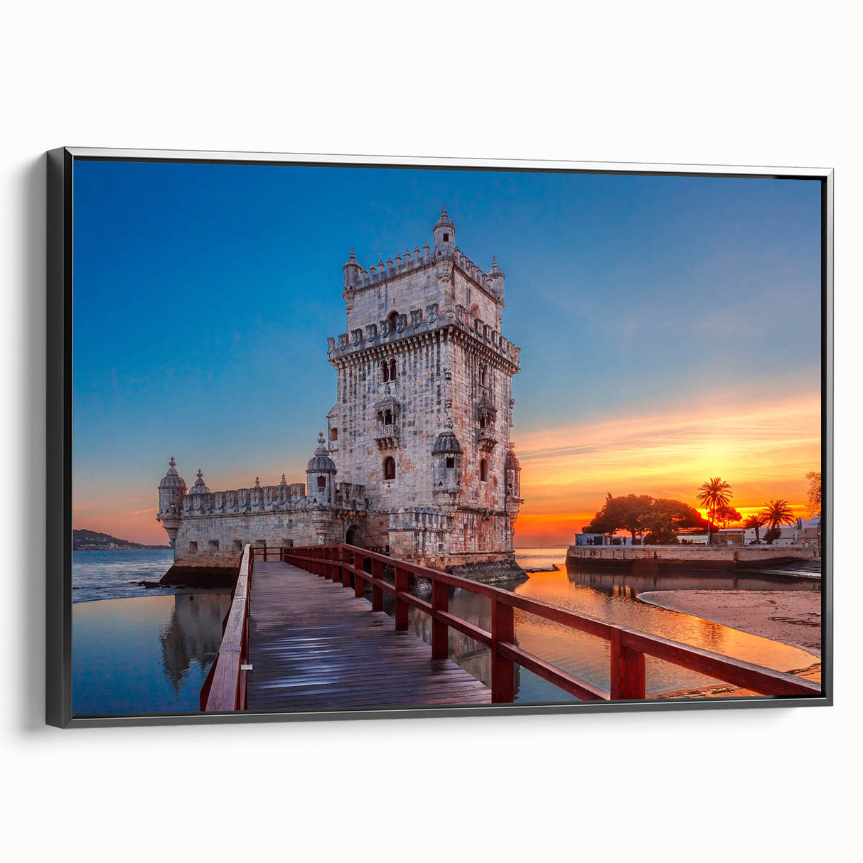 Black and white framed canvas of Lisbon landscape, featuring vintage poster art style, ideal for bedroom wall decor.