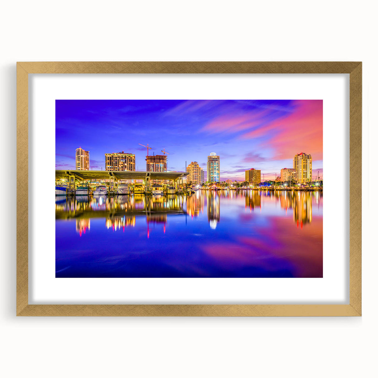 Abstract art print of St. Petersburg scene in muted gold and blue tones on a framed canvas, suitable for dining room decor.