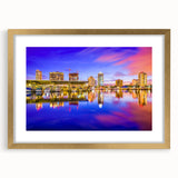 Abstract art print of St. Petersburg scene in muted gold and blue tones on a framed canvas, suitable for dining room decor.