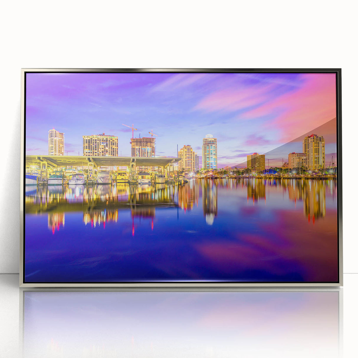 Large art print of a mid-century modernist Petersburg scenery in silver framed acrylic, ideal for modern art wall decor.