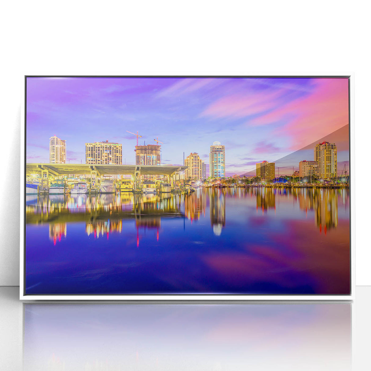 Mid-century modernist art of St. Petersburg scenery in pastel shades on a white framed acrylic, ideal for nursery wall art.