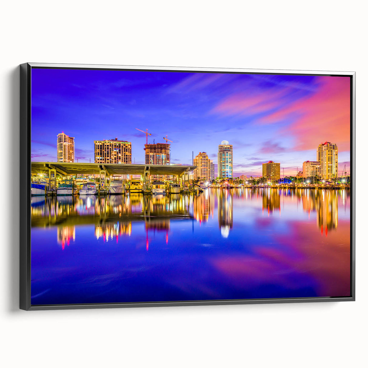 Black and white vintage poster art of St. Petersburg landscape on framed canvas, suitable for bedroom decor.