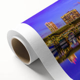 Art Deco poster of St. Petersburg scenery on rolled canvas, in muted blues and grays, ideal for nursery wall art.