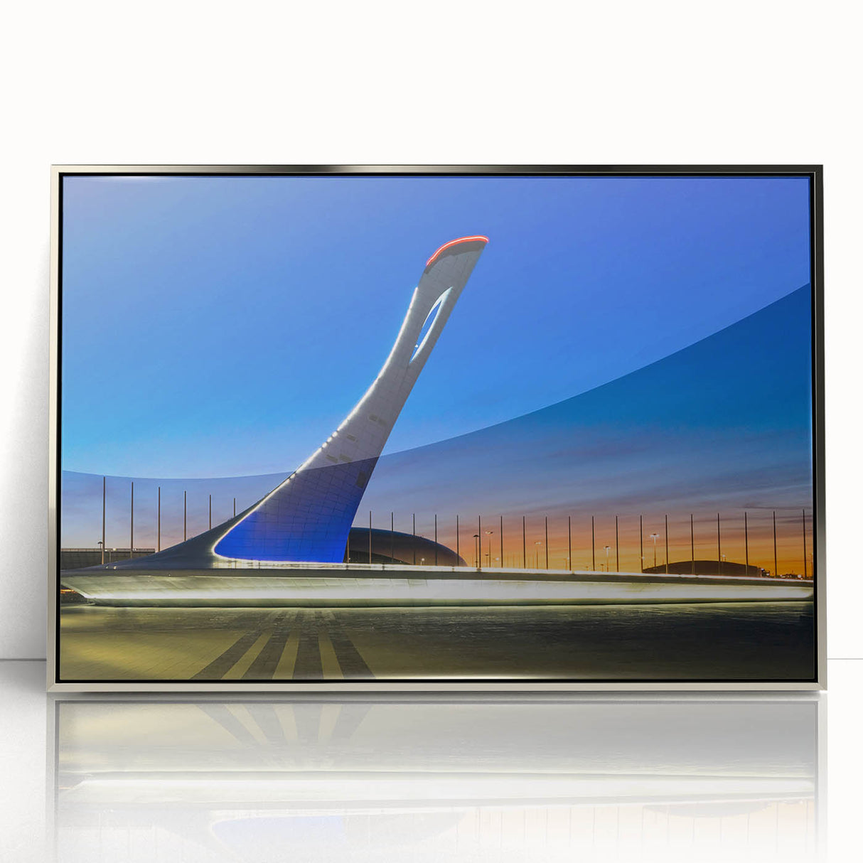 Acrylic print of a Sochi landscape in cool blue and silver tones, framed in silver, suitable for modern art wall decor.