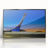 Acrylic print of a Sochi landscape in cool blue and silver tones, framed in silver, suitable for modern art wall decor.