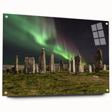 Acrylic print of a serene Scottish landscape in muted greens and blues, ideal for dining room decor.