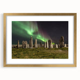 Abstract art print of a Scottish landscape in muted greens and blues on a framed canvas, ideal for dining room decor.