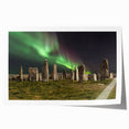 Rolled canvas print of a Scottish landscape featuring vibrant green and blue tones, ideal for dining room wall art.