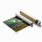 Extra large rolled print of a serene Scottish landscape in muted green and blue tones, ideal for classy bathroom wall art.