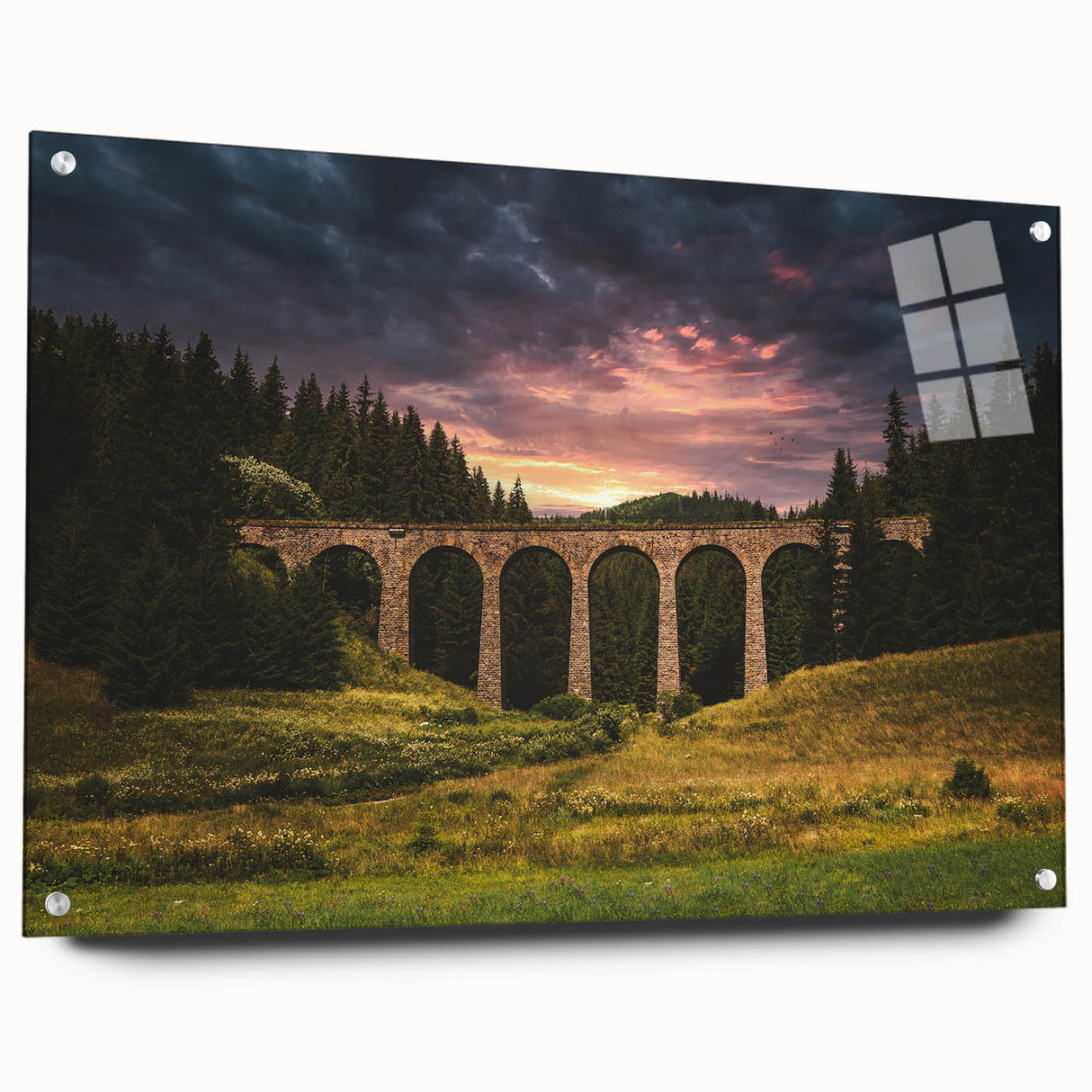Large abstract wall art of a European scenery in Slovakia on acrylic glass, with a side view showing mounting pins.