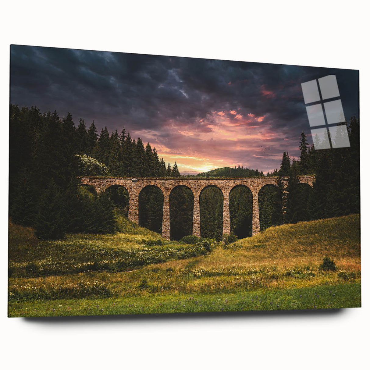 Acrylic print of a Slovakian landscape in muted green and blue tones, suitable for bedroom or dining room decor.