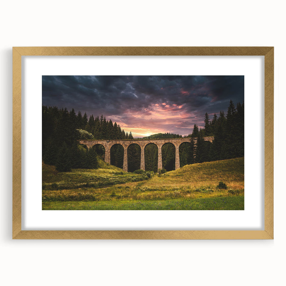 Abstract art print of a European scenery in Slovakia, featuring muted earth tones on a framed gold mat.