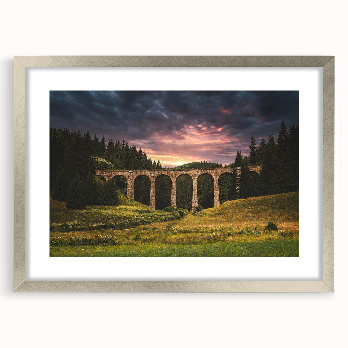 Extra large abstract art print of a European scenery in silver frame with mat.