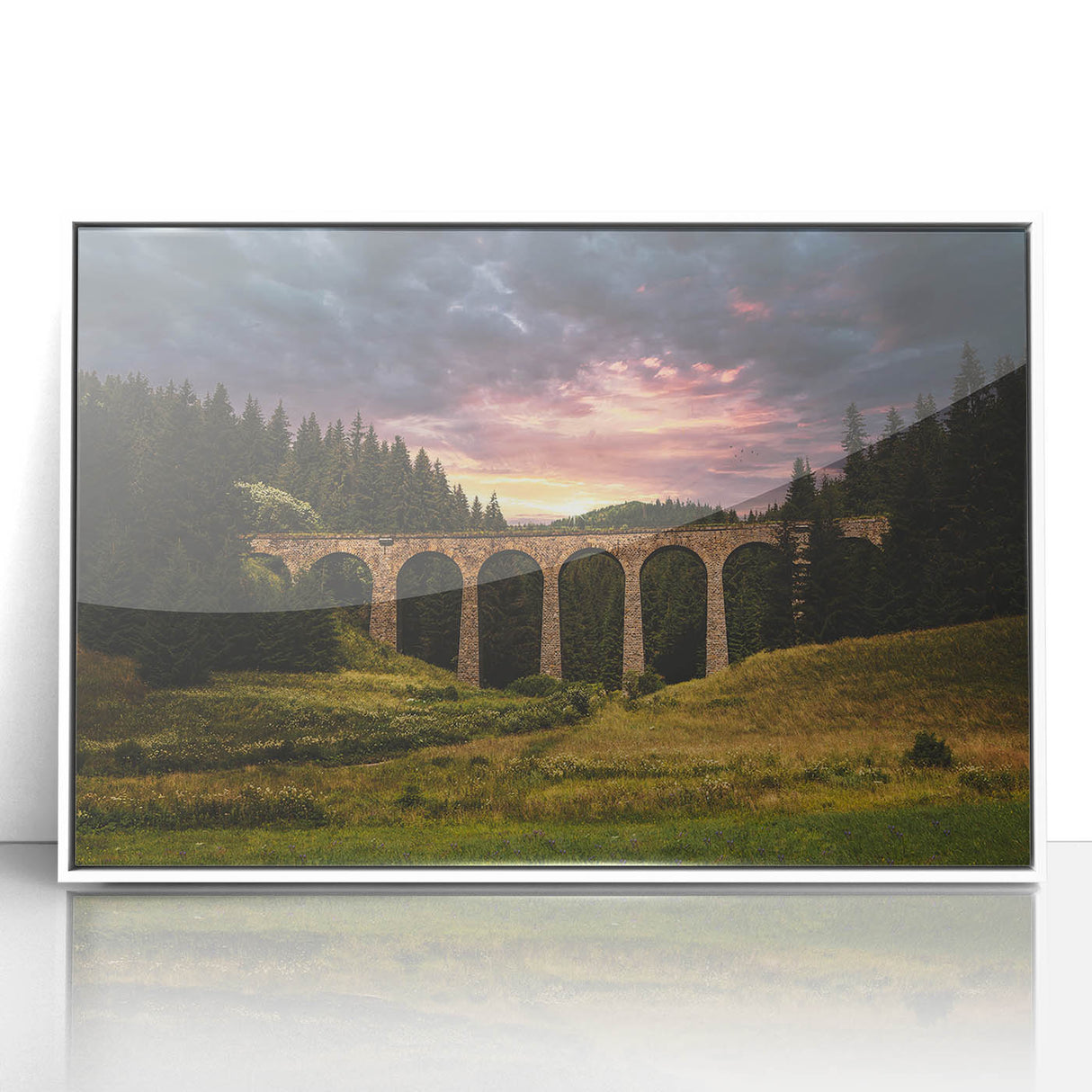 Mid-century modernist art depicting a European landscape in muted colors on a framed acrylic print.