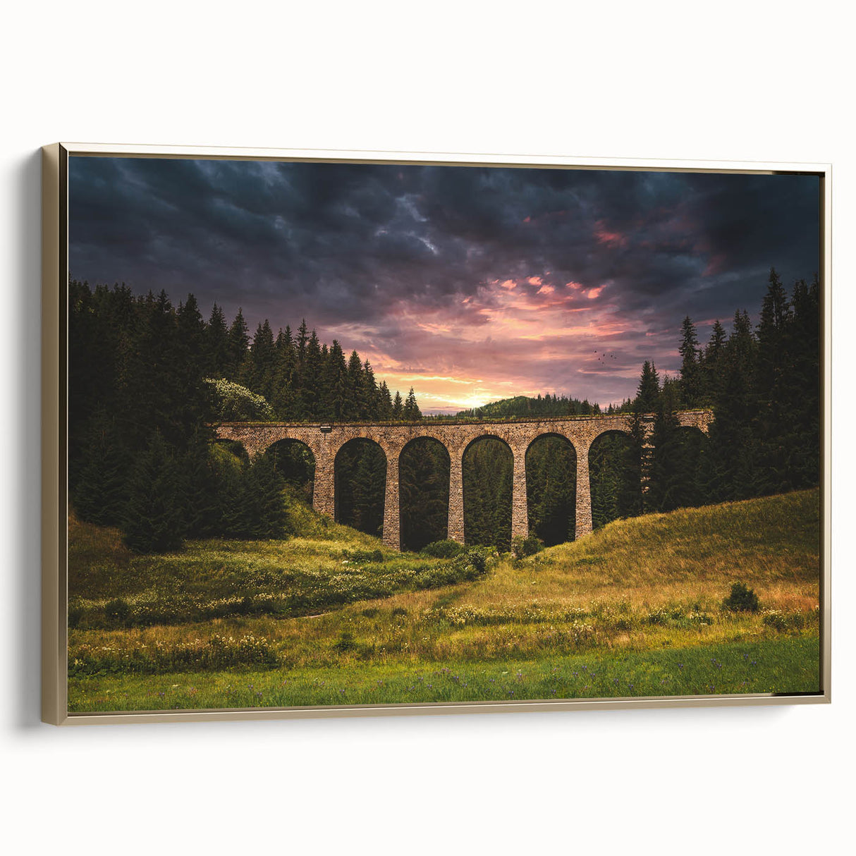 Framed canvas depicting a vintage-style Slovakian landscape in muted gold and black tones, ideal for bedroom wall art.