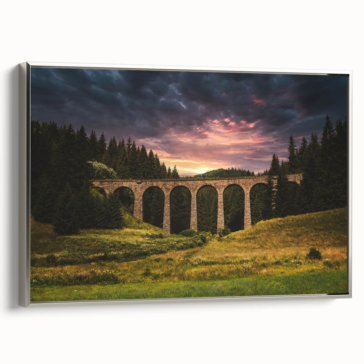 Landscape art painting of a European scenery on framed canvas, featuring vibrant colors with a vintage poster style.