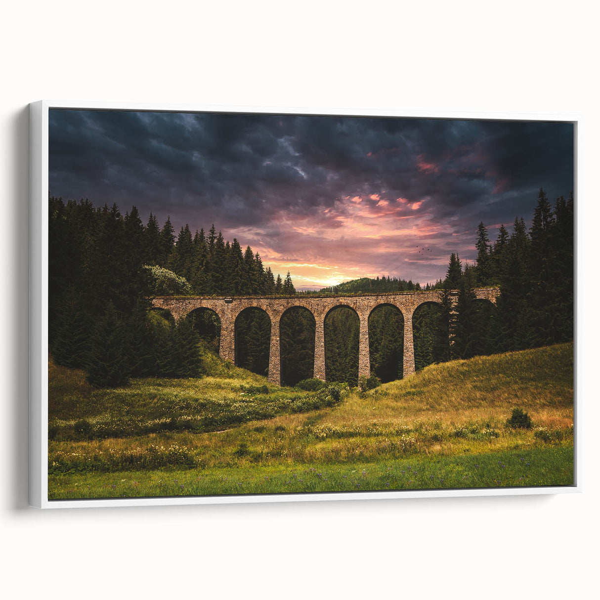 Vintage poster art of a European scenery in Slovakia, displayed on a large framed canvas with vibrant colors.