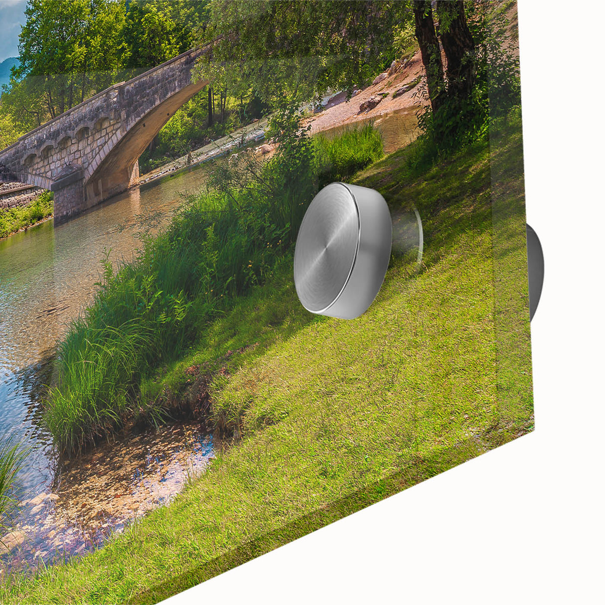 Large abstract wall art of a Slovenian landscape in muted earth tones on acrylic glass, ideal for dining room ambiance.